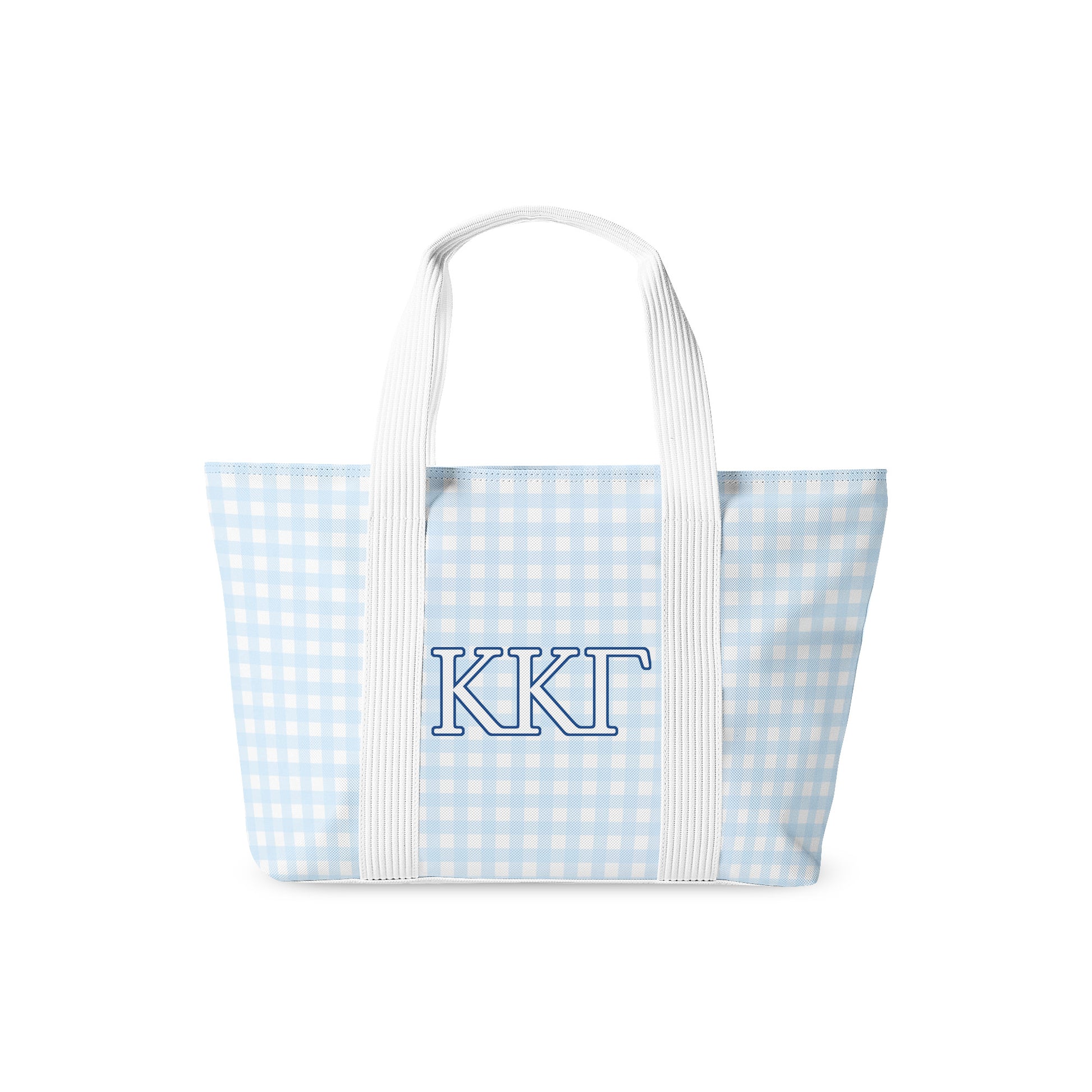 Tote bag with blue and white checkered pattern and 'KKG' Greek letters on a white background