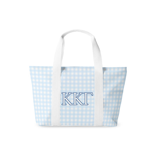 Tote bag with blue and white checkered pattern and 'KKG' Greek letters on a white background