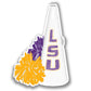Sticker of a watercolor illustration of the LSU megaphone and a yellow and purple pom pom.