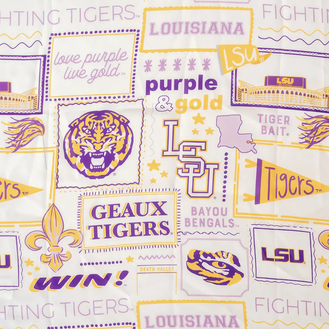 LSU Tigers themed silk scarf featuring purple and gold graphics on a white background, including LSU logos, a tiger head mascot, fleur-de-lis, and 'Geaux Tigers' text.