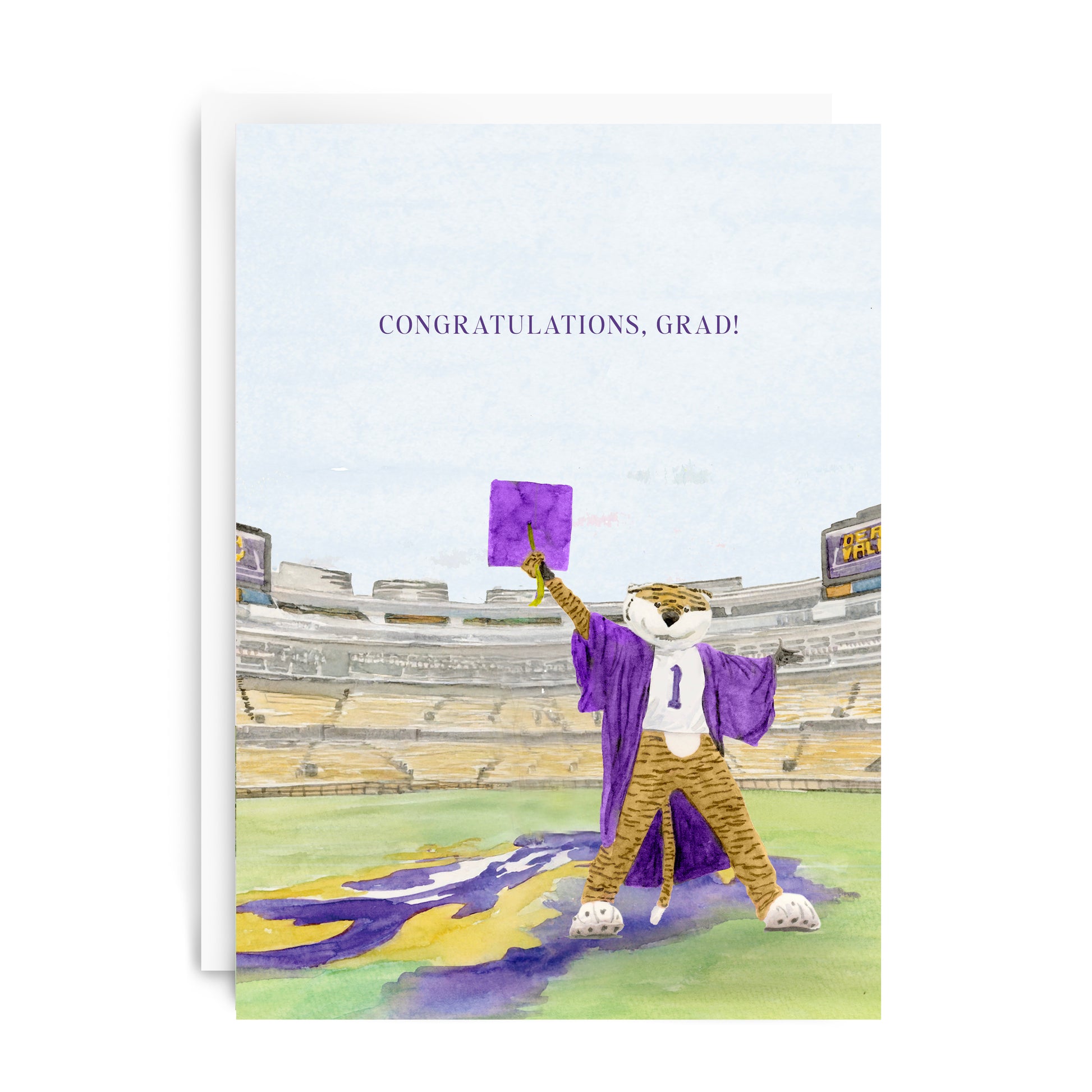 Graduation card with LSU's tiger mascot in a purple graduation gown on a stadium background.