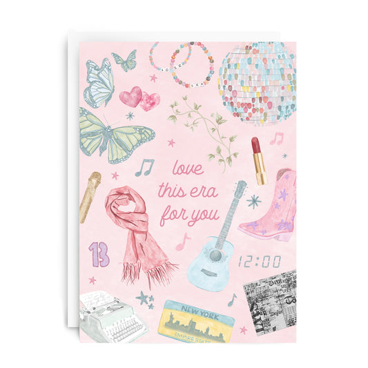 Light pink card with watercolor Taylor Swift inspired illustrations surrounding the quote "Love this era for you."