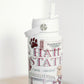32 ounce water bottle with a white lid and is patterned with watercolor art of Mississippi State symbols.
