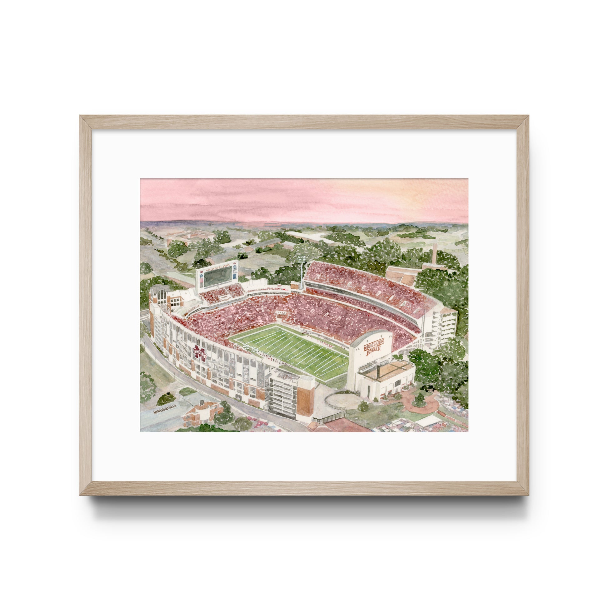Watercolor art print of the Mississippi State football stadium.
