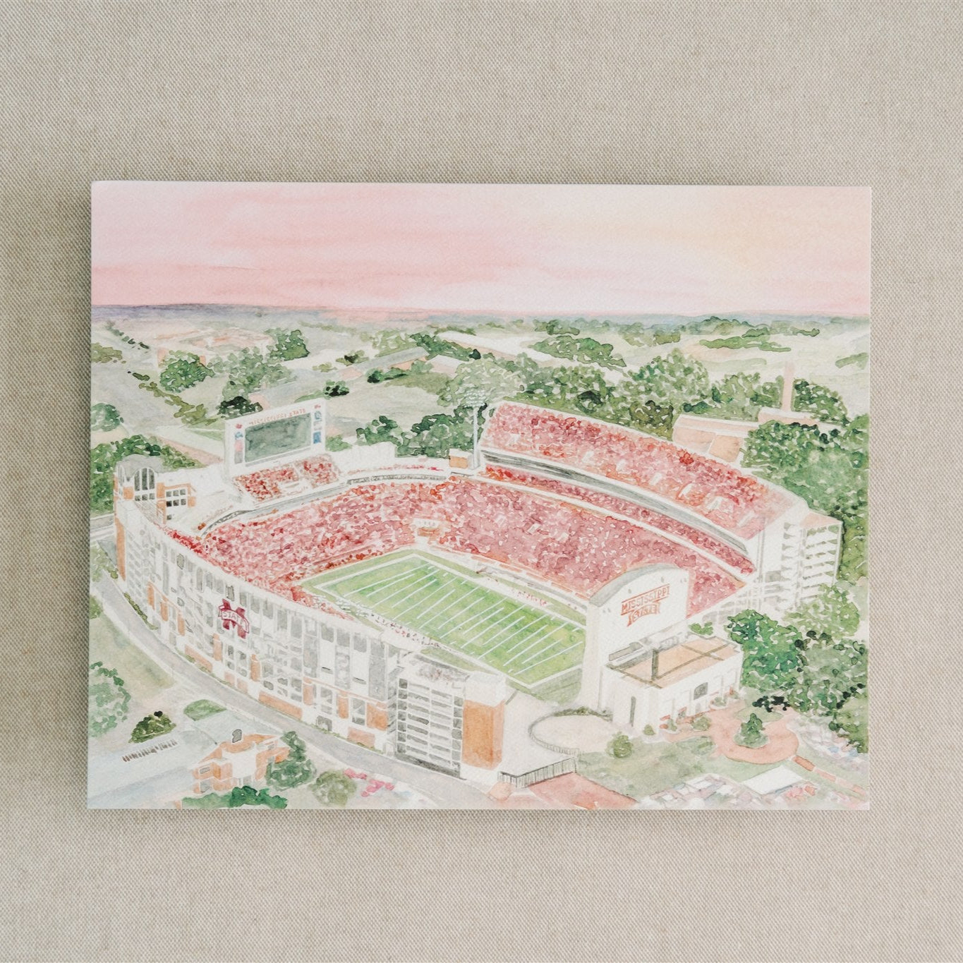 Watercolor art print of the Mississippi State football stadium.