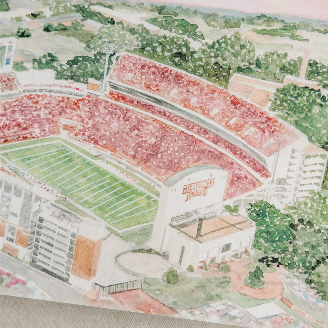 Watercolor art print of the Mississippi State football stadium.