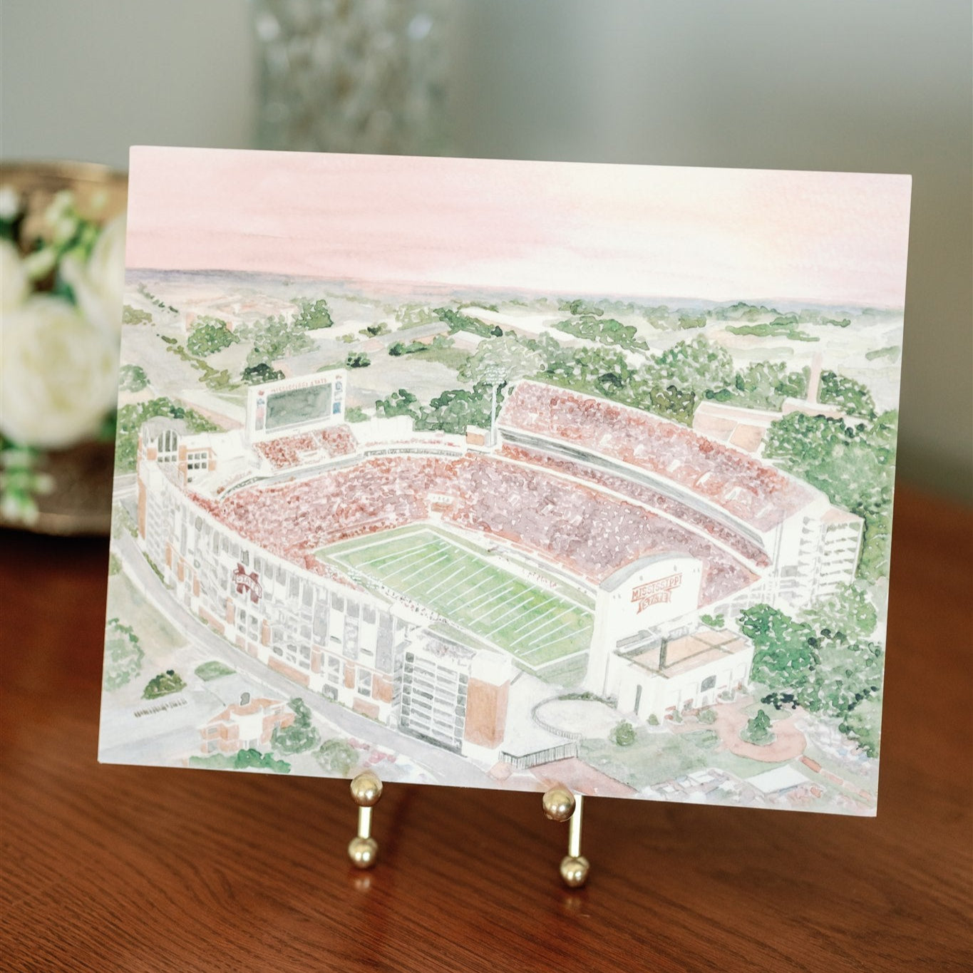 Watercolor art print of the Mississippi State football stadium.