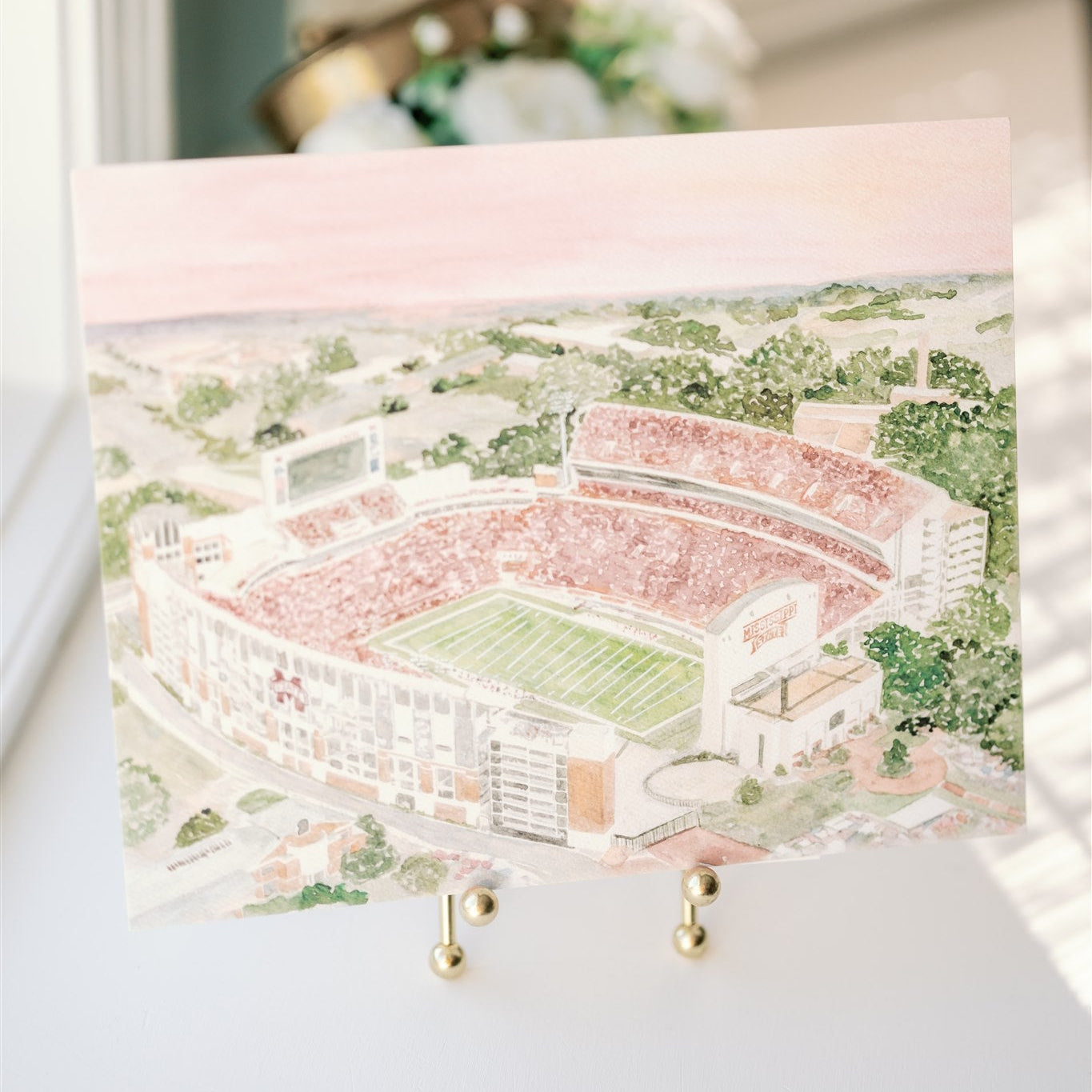 Watercolor art print of the Mississippi State football stadium.