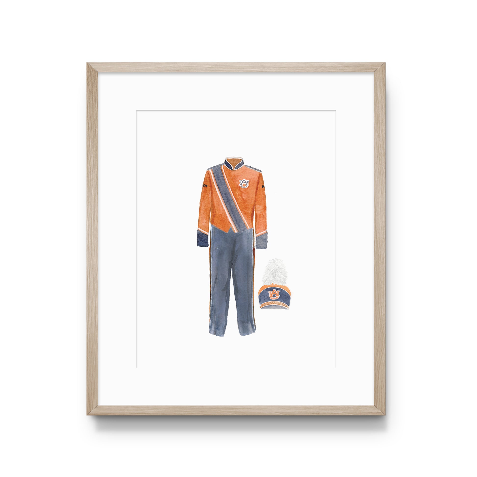 Watercolor art of Auburn University's Orange Marching Band Uniform