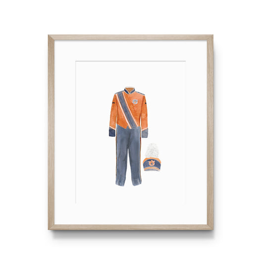 Watercolor art of Auburn University's Orange Marching Band Uniform