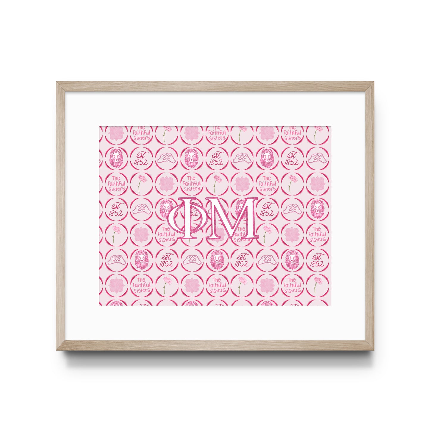 Framed artwork with Phi Mu Greek letters and pink pattern on a white background.