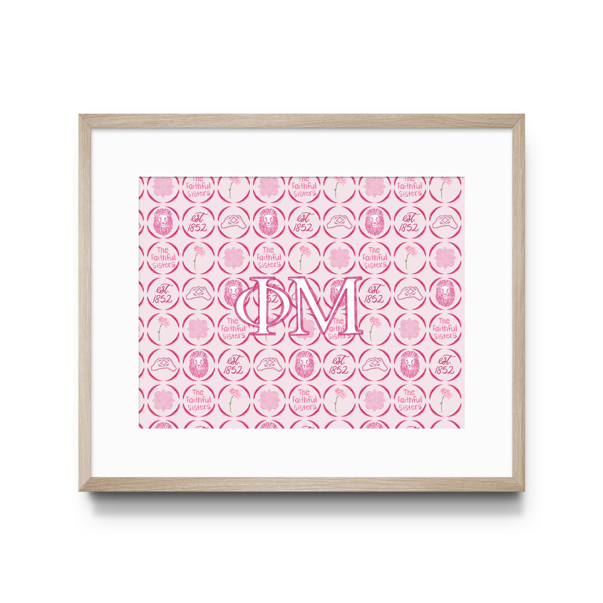 Framed artwork with Phi Mu Greek letters and pink pattern on a white background.