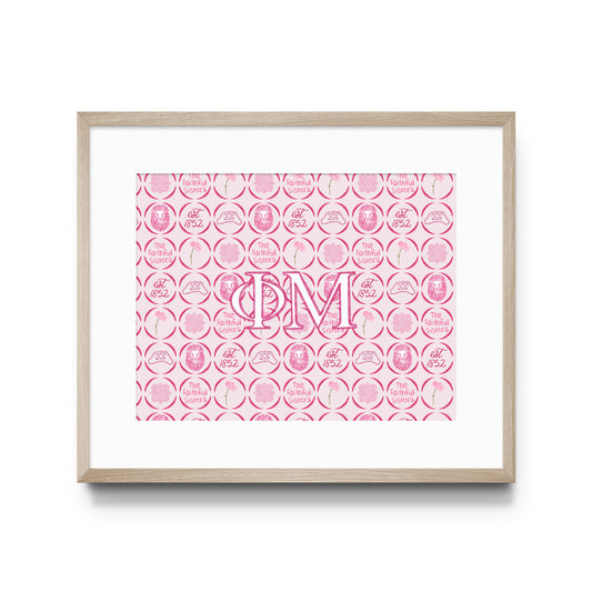 Framed artwork with Phi Mu Greek letters and pink pattern on a white background.