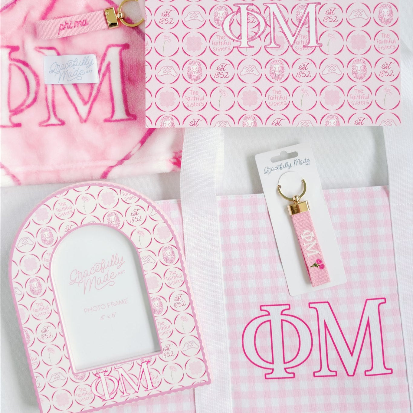 Collection of pink and white items with Phi Mu Greek letters on a white background