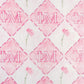 Pattern with 'ΦΜ' letters and floral elements on a pink and white background