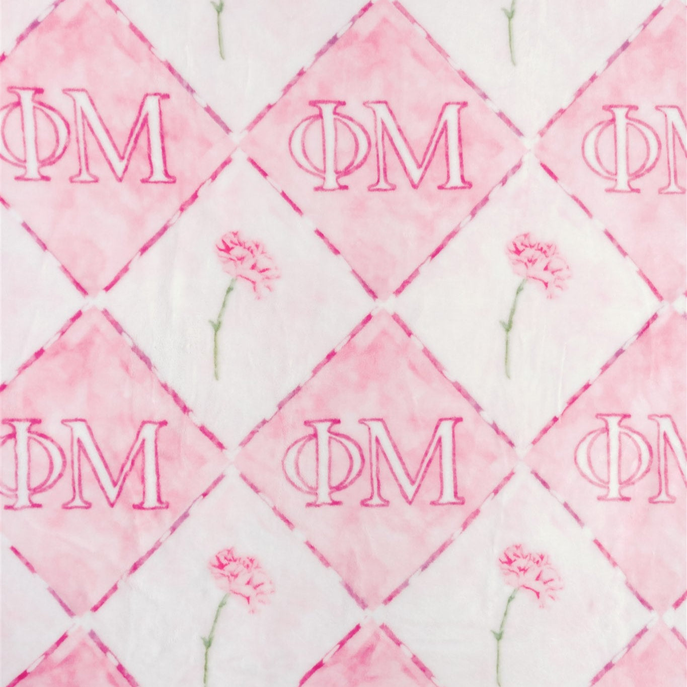 Pattern with 'ΦΜ' letters and floral elements on a pink and white background