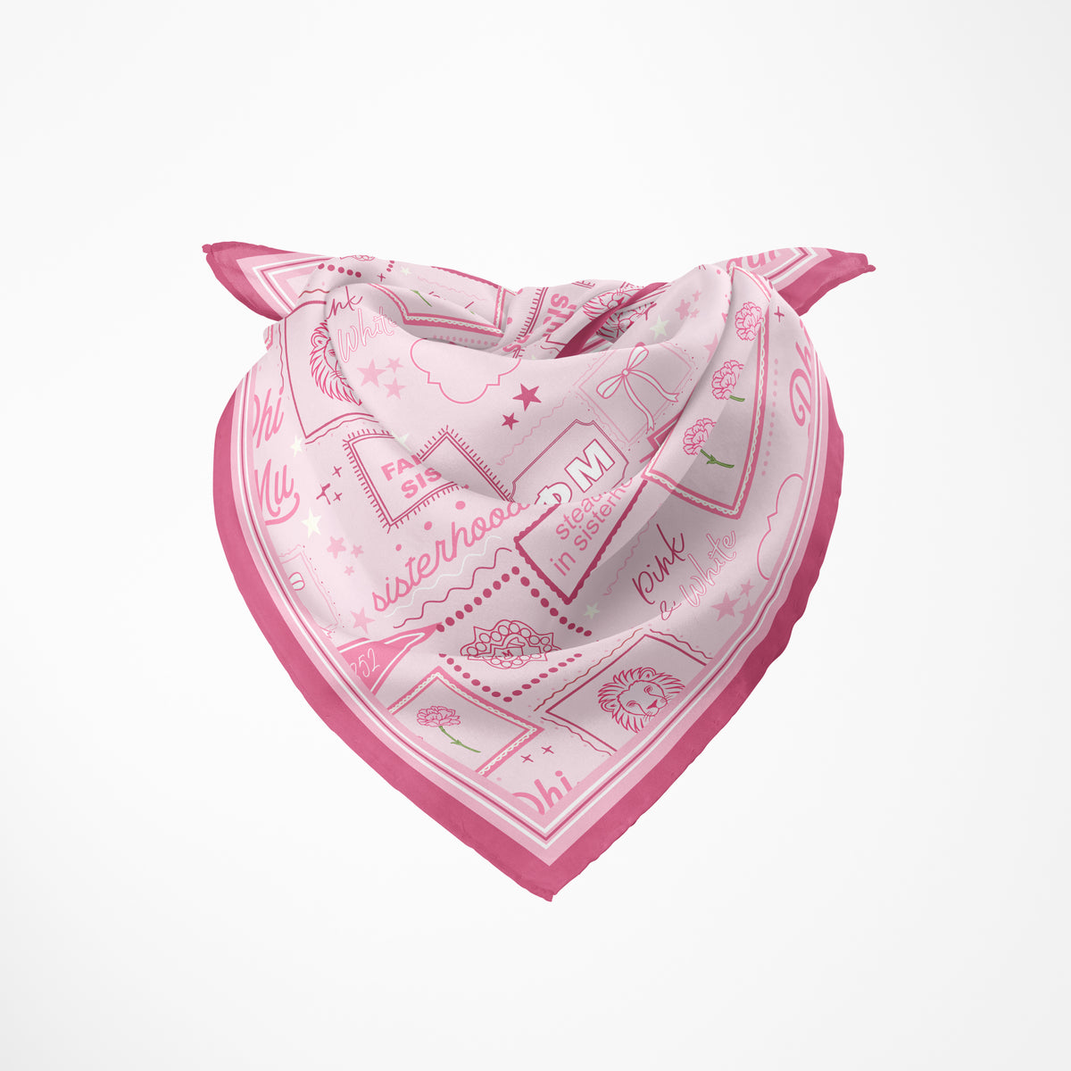 A pink and white printed square bandana scarf tied in a heart shape, featuring Phi Mu sorority Greek letters and themed illustrations on a clean white background.