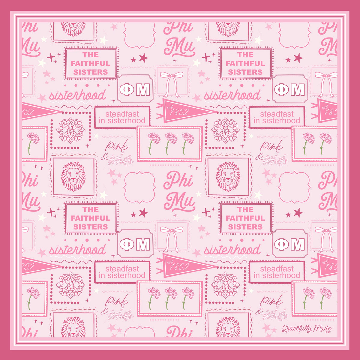 A close up of a Phi Mu themed silk scarf with a light pink background, dark pink border and pink and white Greek letters and sorority themed illustrations including a lion, flower, and bow.