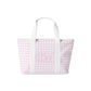 Tote bag with pink and white checkered pattern and 'Phi Mu' Greek letters on a white background