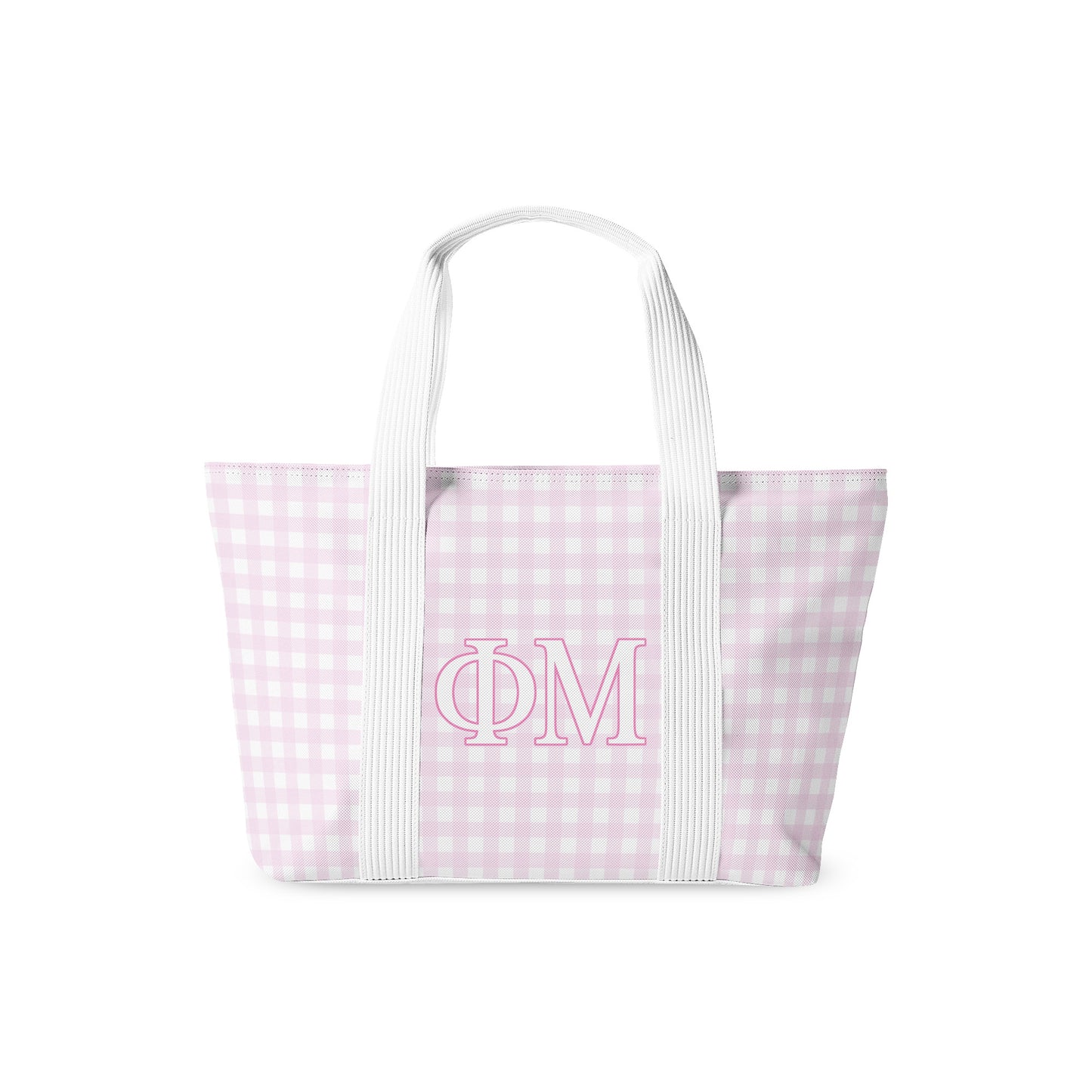 Tote bag with pink and white checkered pattern and 'Phi Mu' Greek letters on a white background