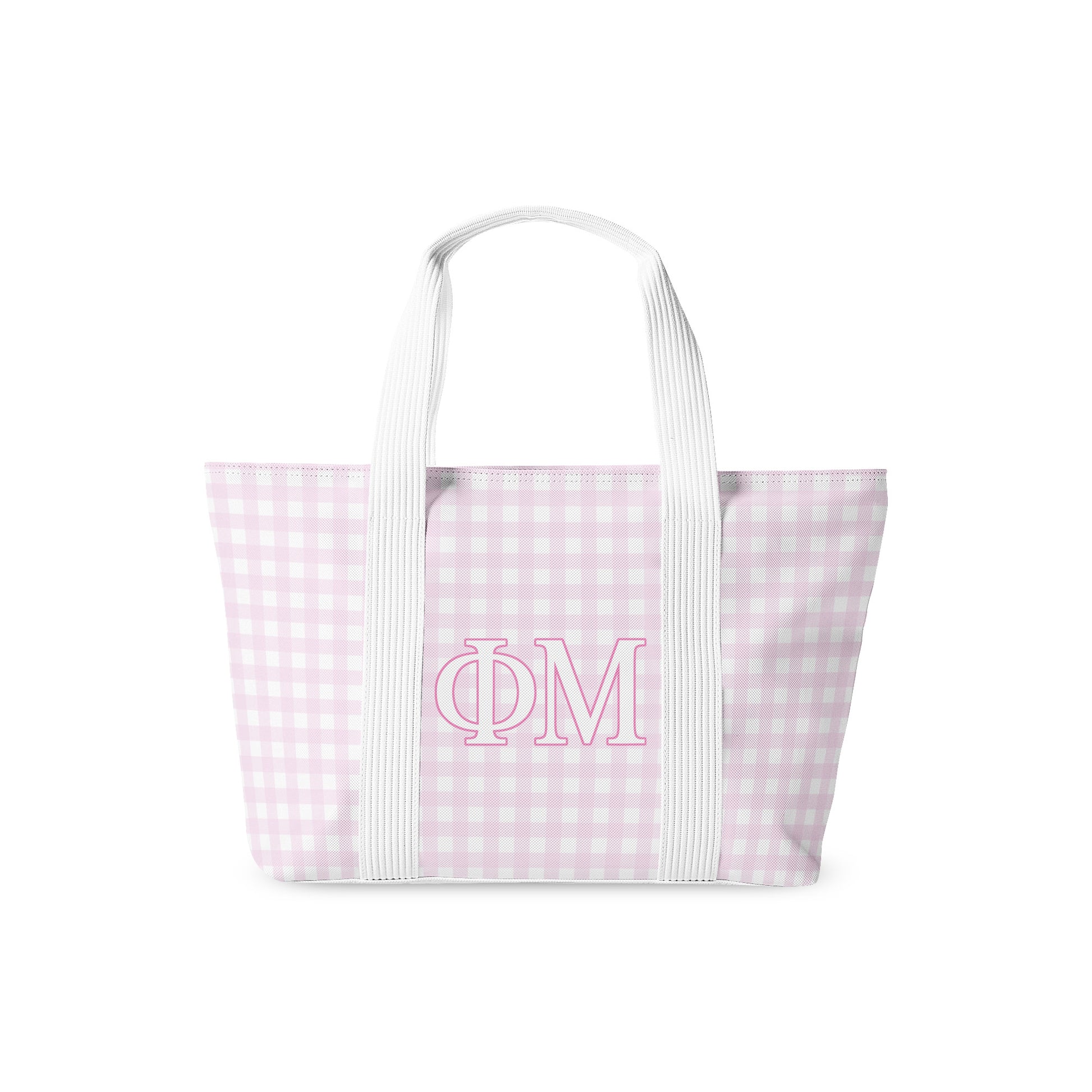Tote bag with pink and white checkered pattern and 'Phi Mu' Greek letters on a white background