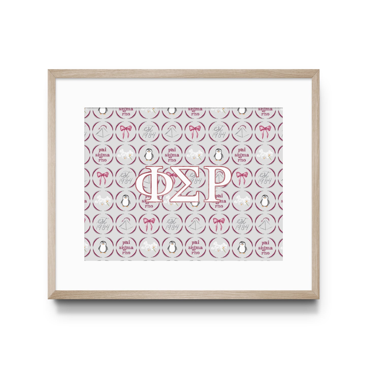Framed poster with Phi Sigma Rho Greek letters on a patterned background.