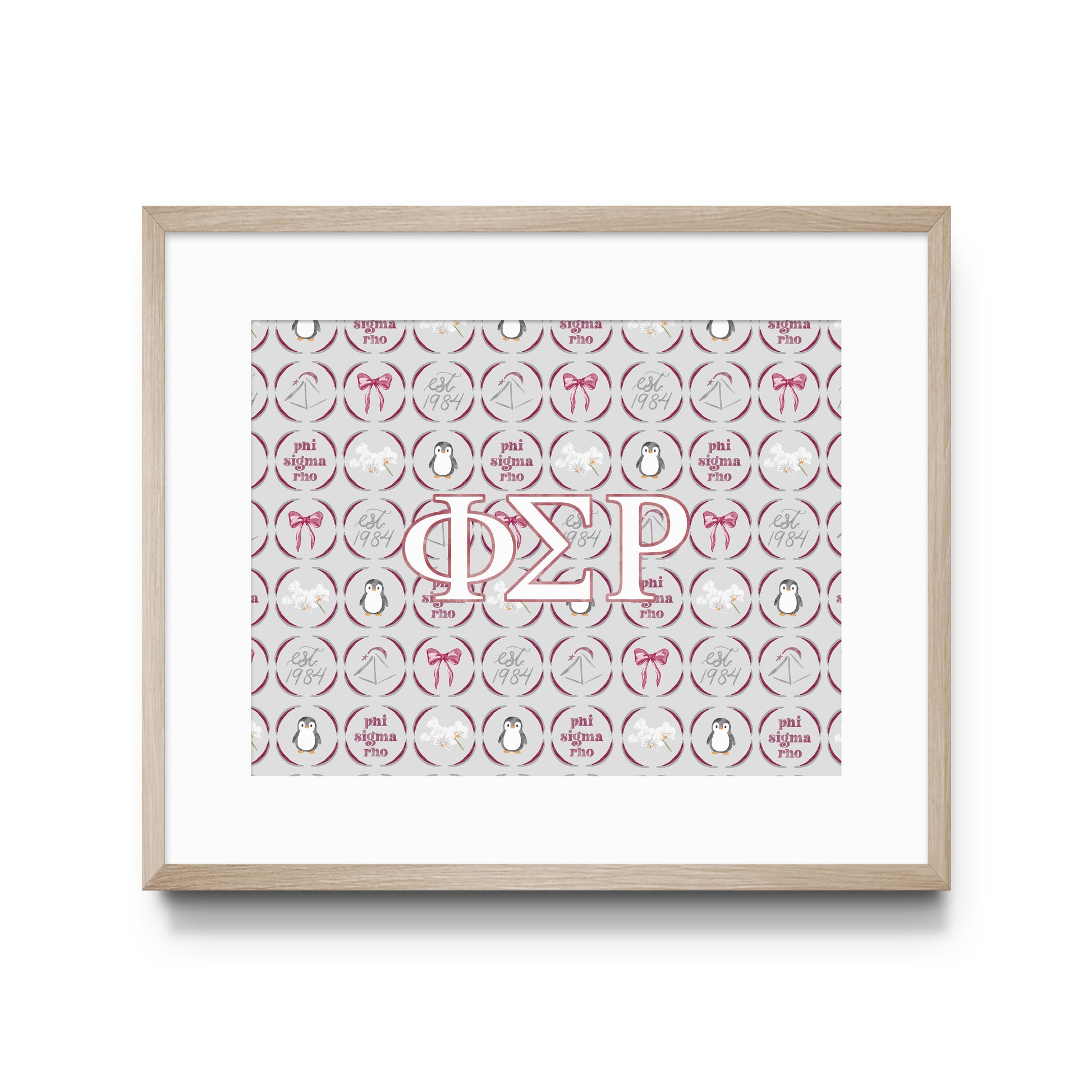Framed poster with Phi Sigma Rho Greek letters on a patterned background.