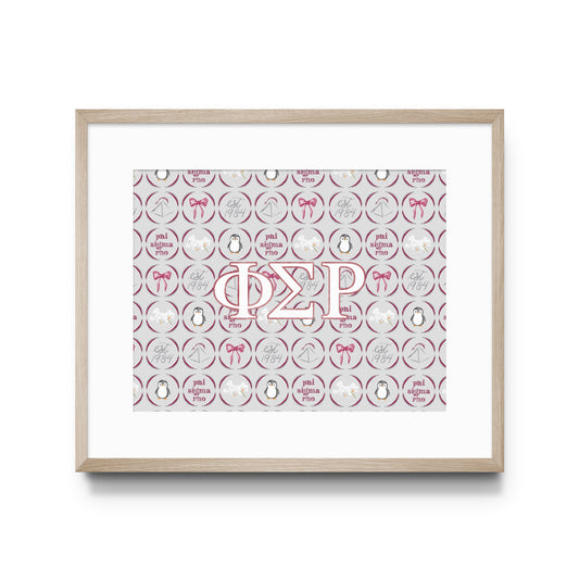 Framed poster with Phi Sigma Rho Greek letters on a patterned background.