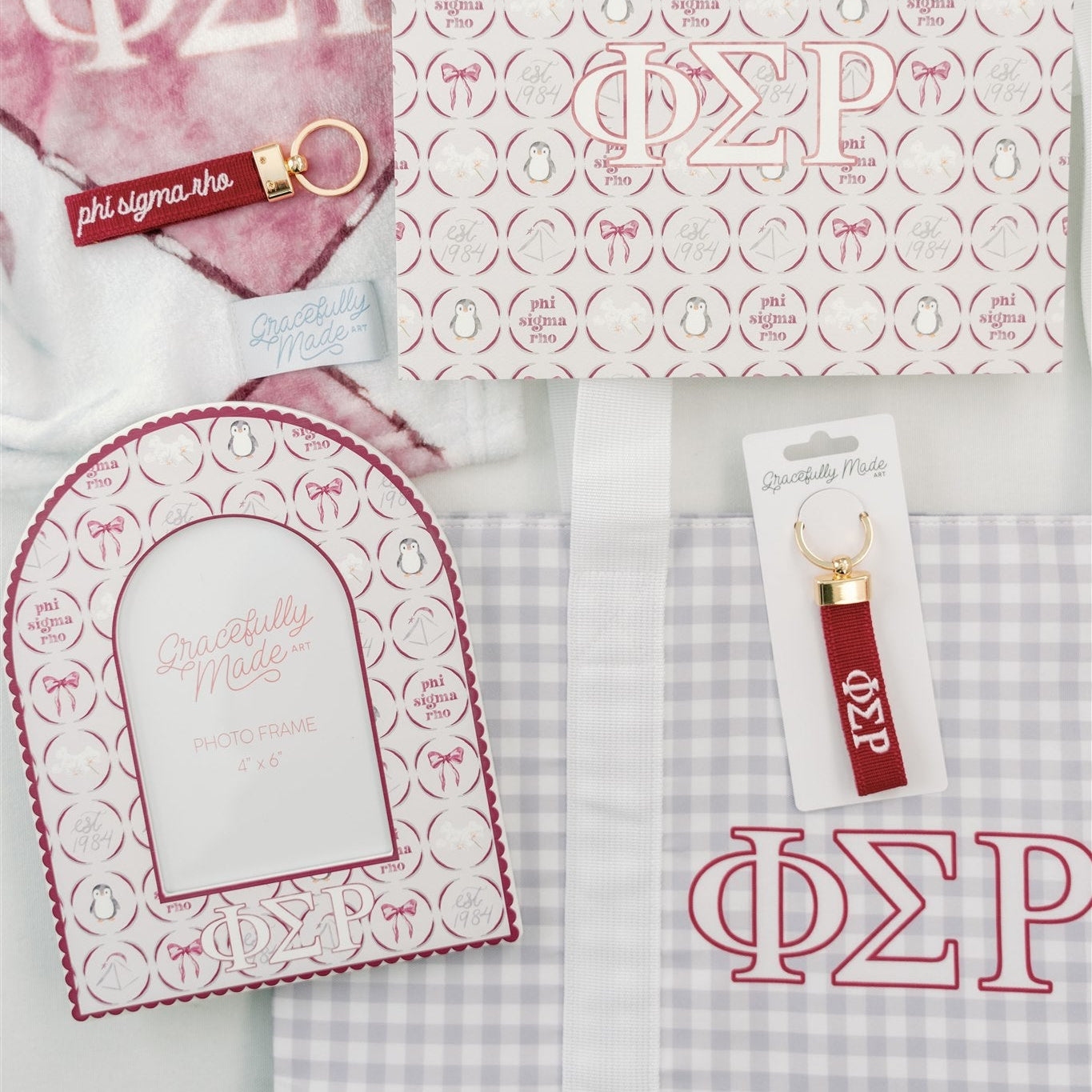 Phi Sigma Rho themed products including a keychain, art print, and tote bag on a white background.