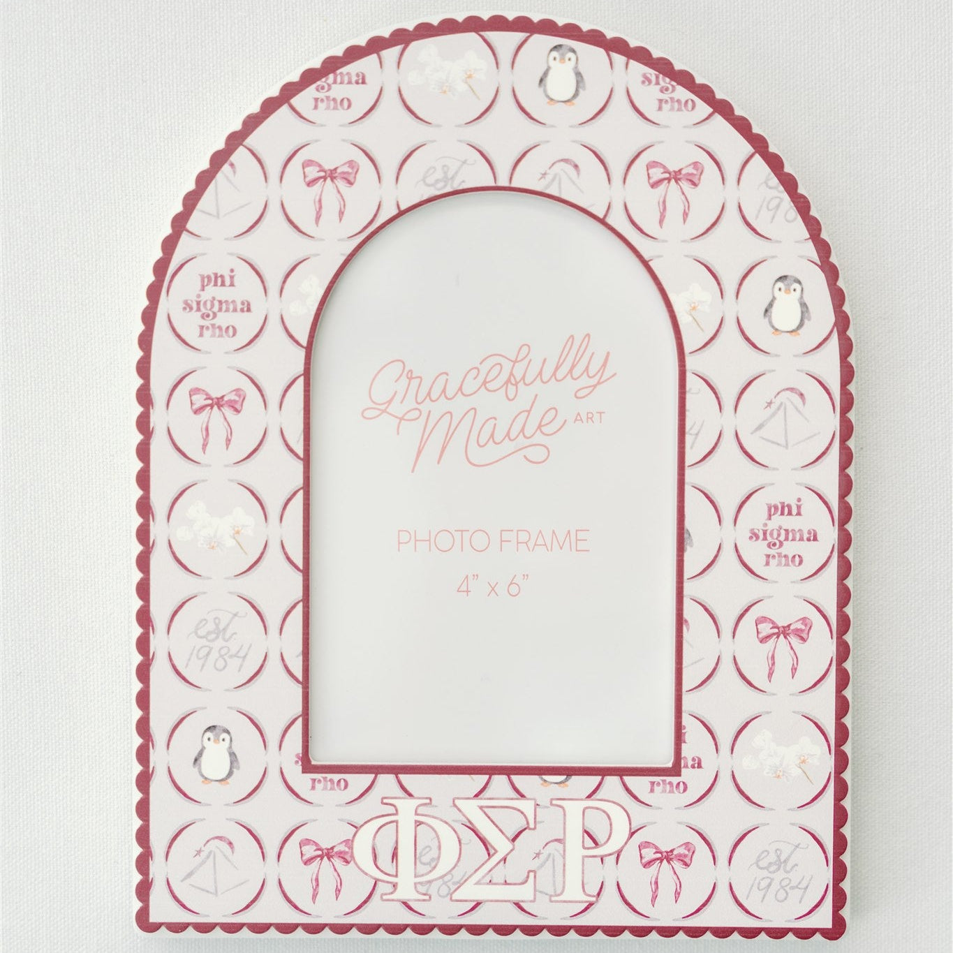 Decorative photo frame with Phi Sigma Rho Greek letters and Gracefully Made Art branding on a white background