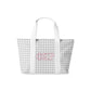 Tote bag with gray gingham pattern and Phi Sigma Rho letters on a white background