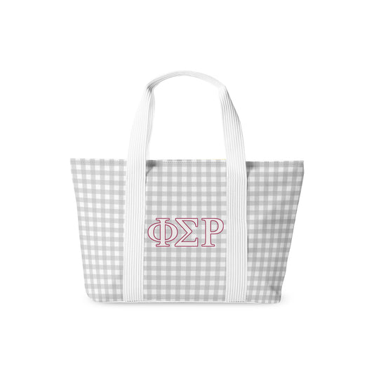 Tote bag with gray gingham pattern and Phi Sigma Rho letters on a white background