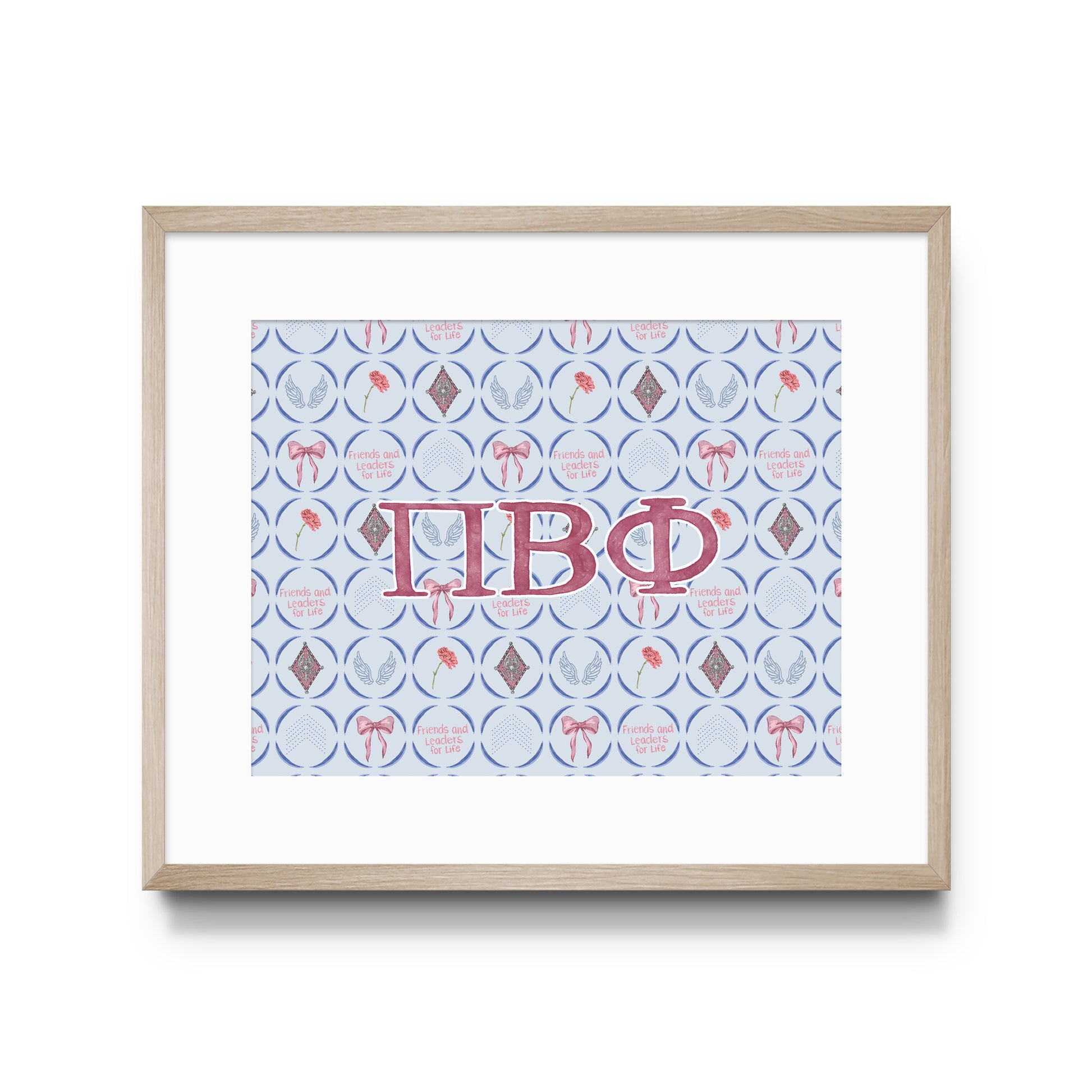 Framed art print with Pi Beta Phi Greek letters on a patterned background