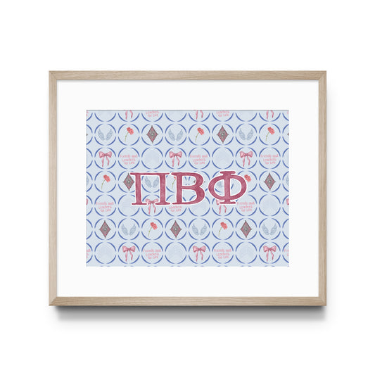 Framed art print with Pi Beta Phi Greek letters on a patterned background
