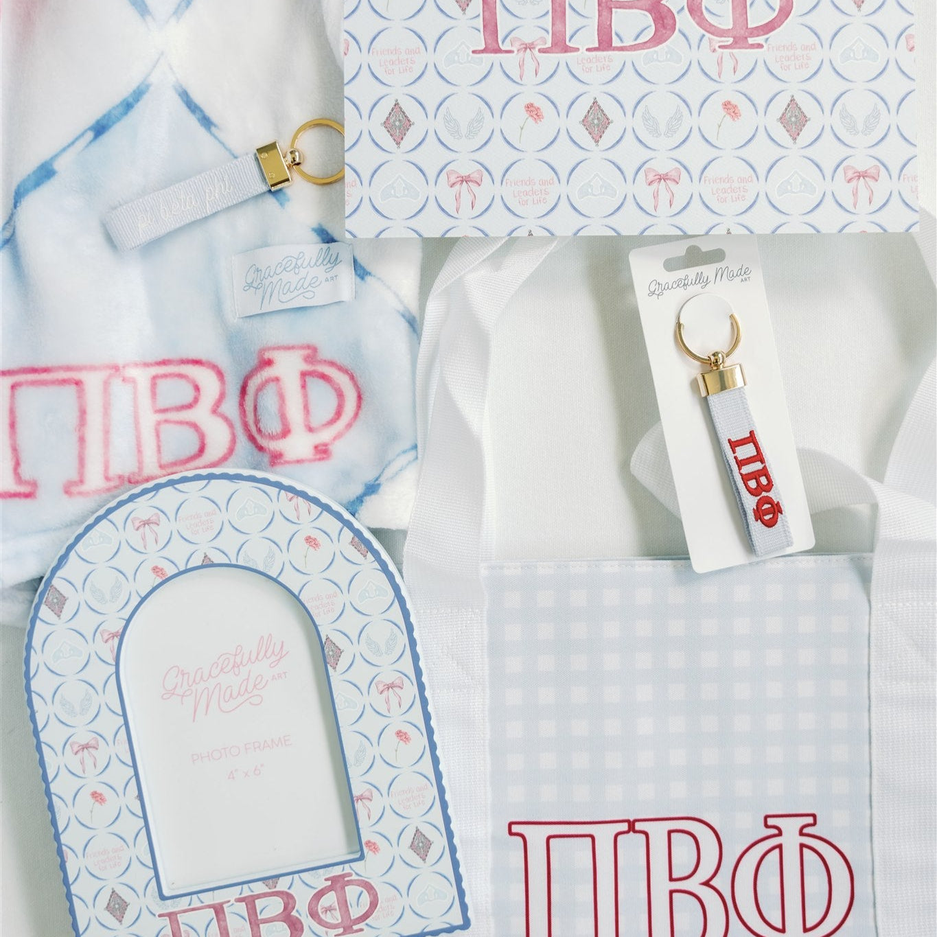Collection of Pi Beta Phi merchandise including a picture frame, keychain, and tote bag on a white background.