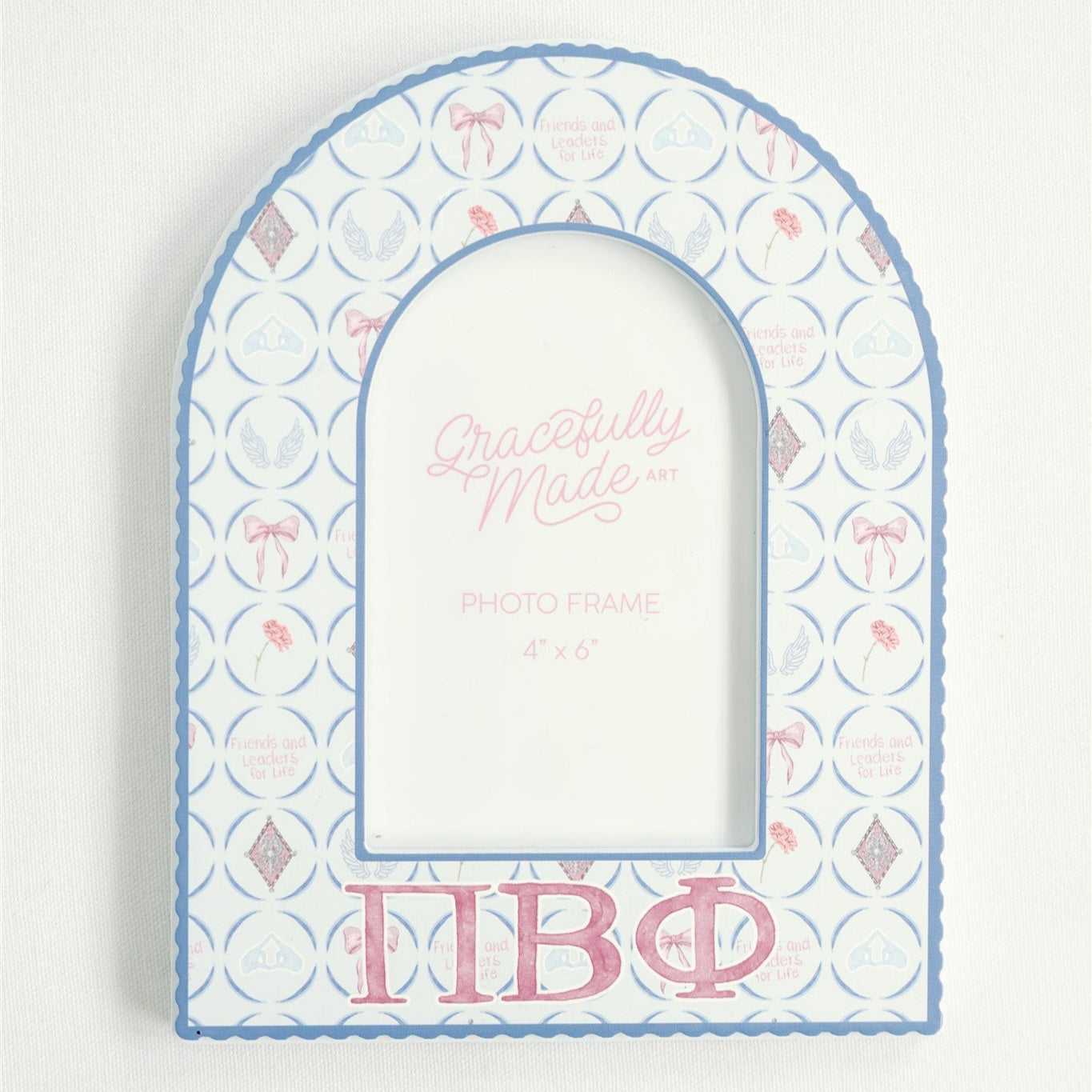 Decorative arch-shaped photo frame with Pi Beta Phi Greek letters on a white background