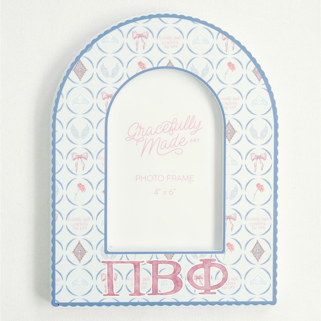 Decorative arch-shaped photo frame with Pi Beta Phi Greek letters on a white background