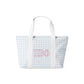 Tote bag with light blue gingham pattern and Phi Beta Phi Greek letters on a white background