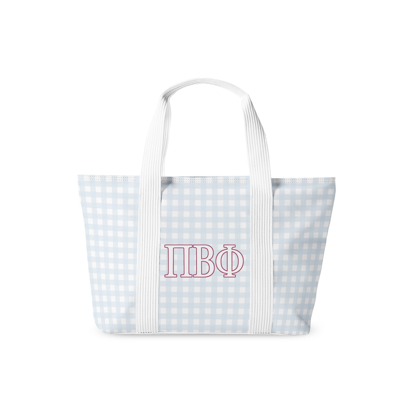 Tote bag with light blue gingham pattern and Phi Beta Phi Greek letters on a white background