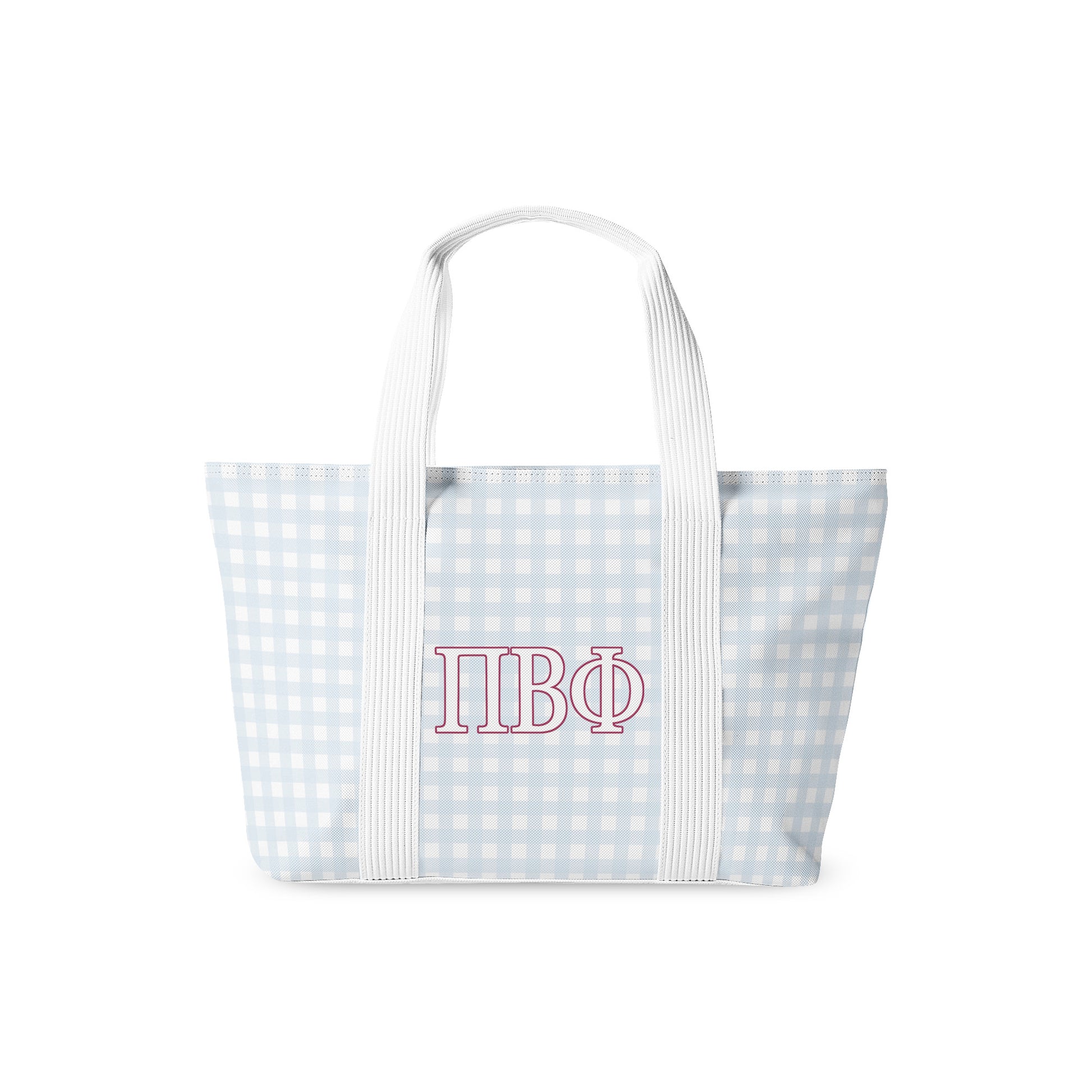 Tote bag with light blue gingham pattern and Phi Beta Phi Greek letters on a white background