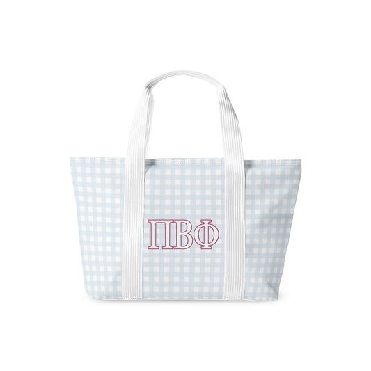Tote bag with light blue gingham pattern and Phi Beta Phi Greek letters on a white background