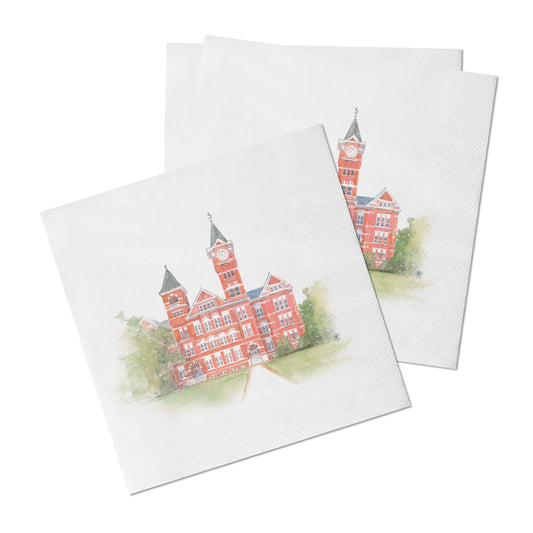White napkins with watercolor art of Auburn University's Samford Hall.