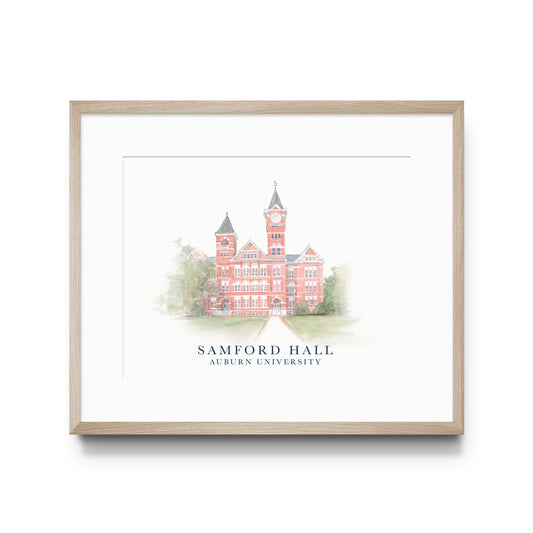 Watercolor art of Auburn University's Samford Hall