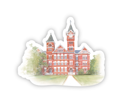 Sticker featuring watercolor illustration of Auburn University's Samford Hall.