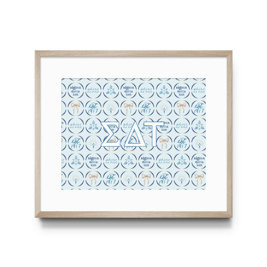 Framed artwork with decorative design and Sigma Delta Tau Greek letters on a white background