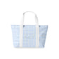 Blue and white checkered tote bag with Sigma Delta Tau Greek letters and white handles on a white background