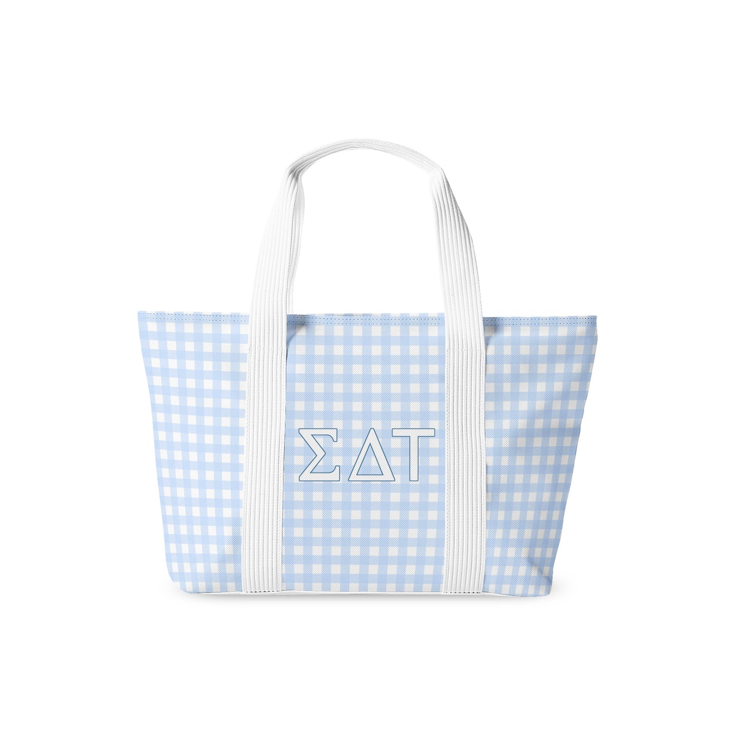 Blue and white checkered tote bag with Sigma Delta Tau Greek letters and white handles on a white background