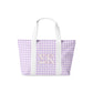 Purple gingham tote bag with Sigma Kappa Greek letters on a white background.
