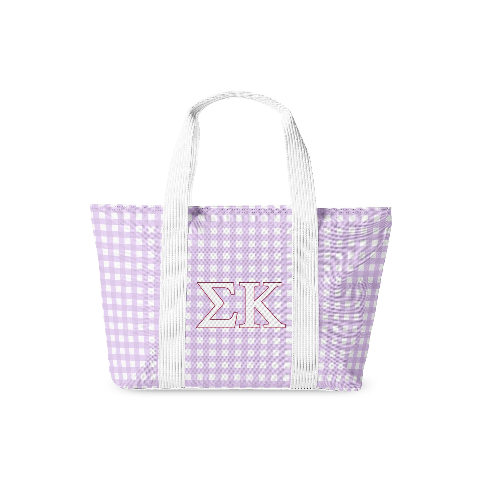 Purple gingham tote bag with Sigma Kappa Greek letters on a white background.