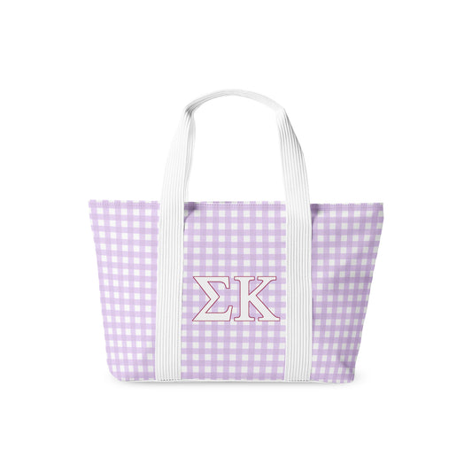 Purple gingham tote bag with Sigma Kappa Greek letters on a white background.